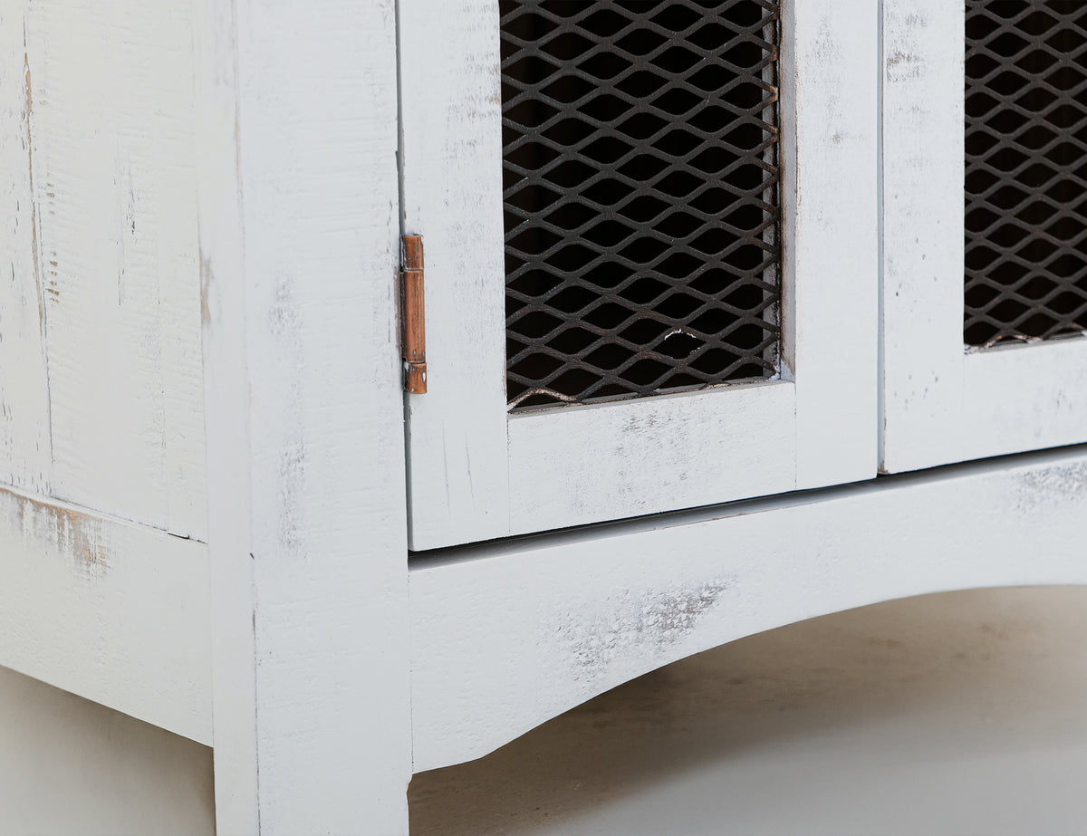 Pueblo White End Table, White, 2 Metal Mesh Doors