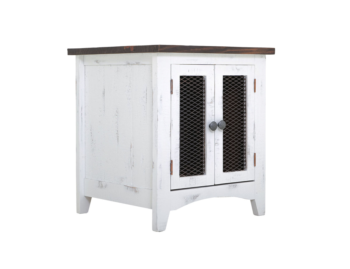 Pueblo White End Table, White, 2 Metal Mesh Doors