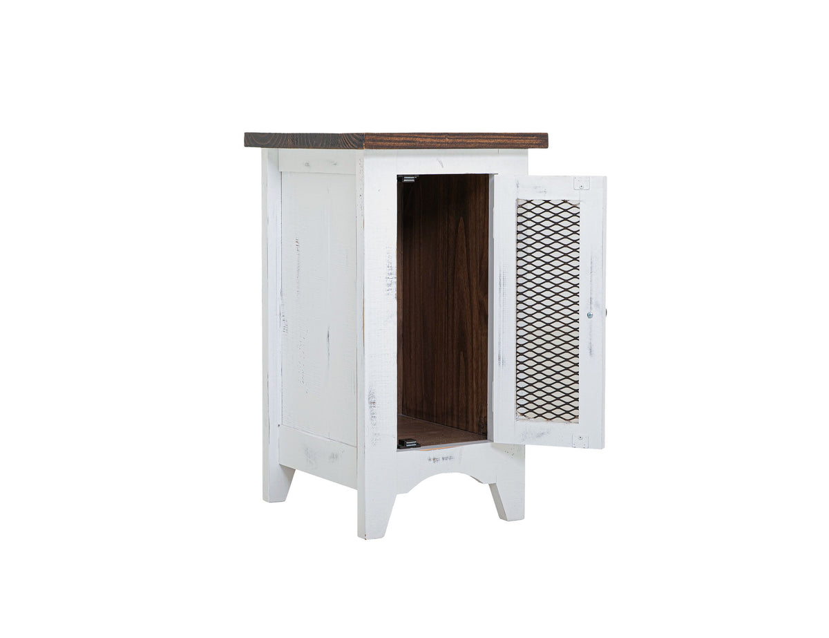Pueblo White Chairside Table, White, 1 Metal Mesh Door