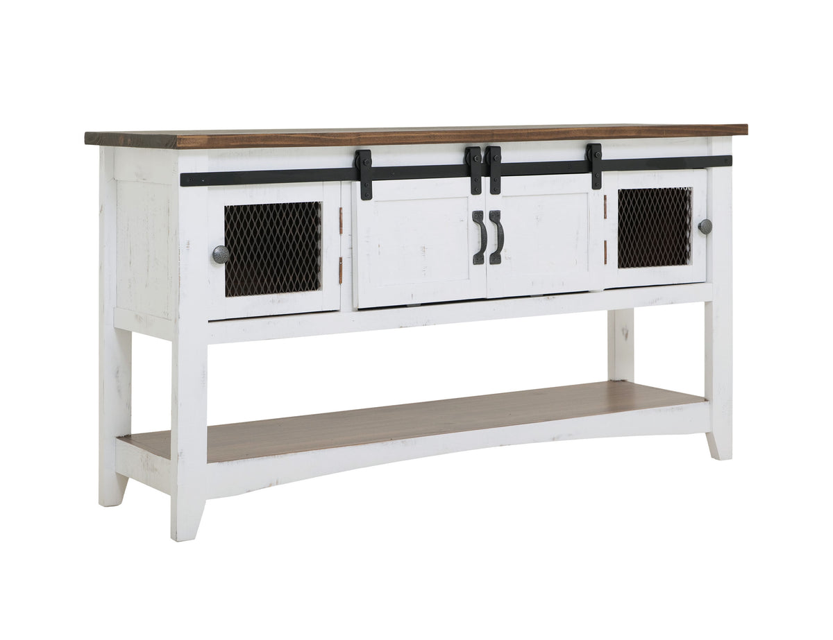 Pueblo White Sofa Table, White, 2 Sliding Doors 2 Metal Mesh Doors