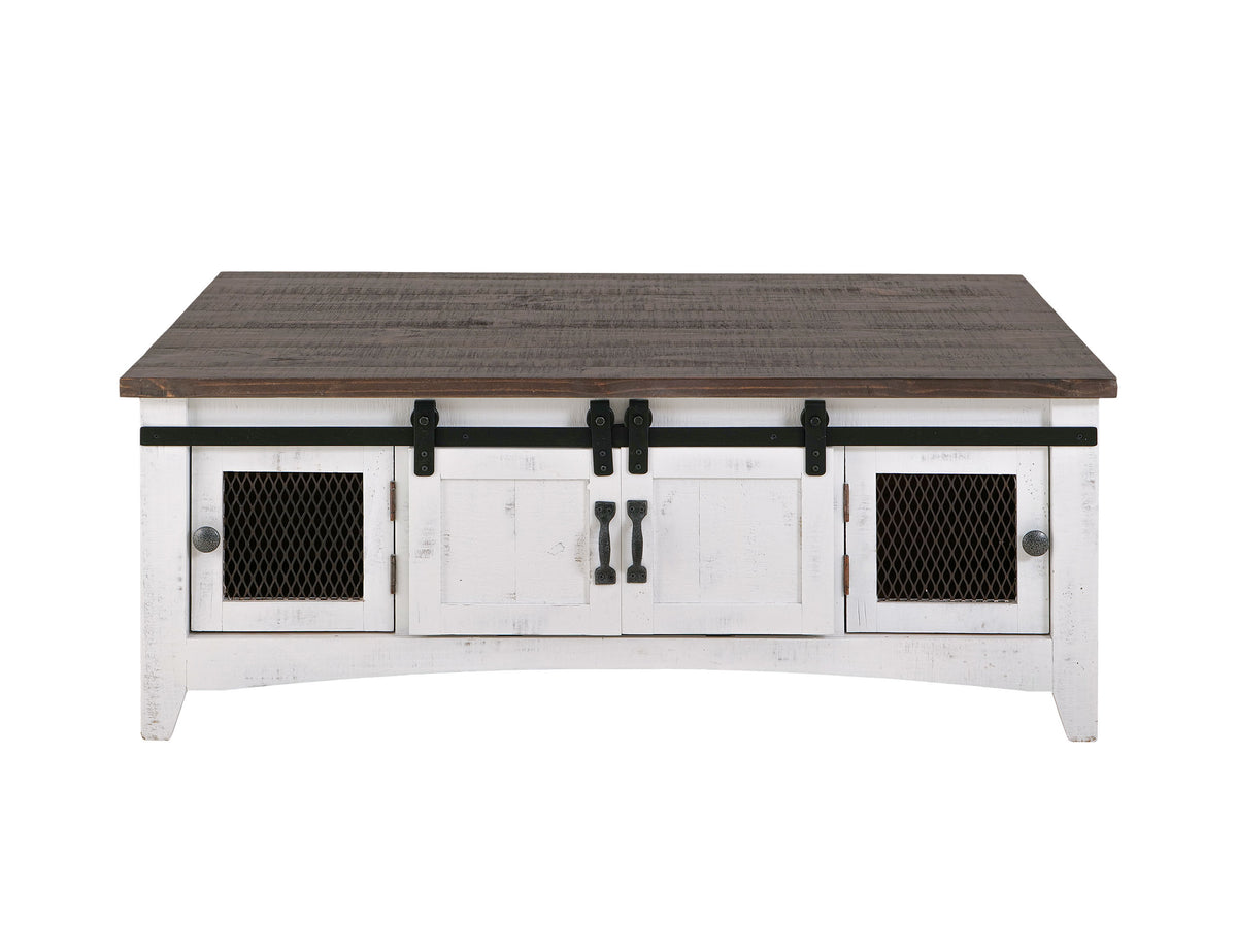 Pueblo White Cocktail Table, White, 2 Sliding Doors 2 Metal Mesh Doors