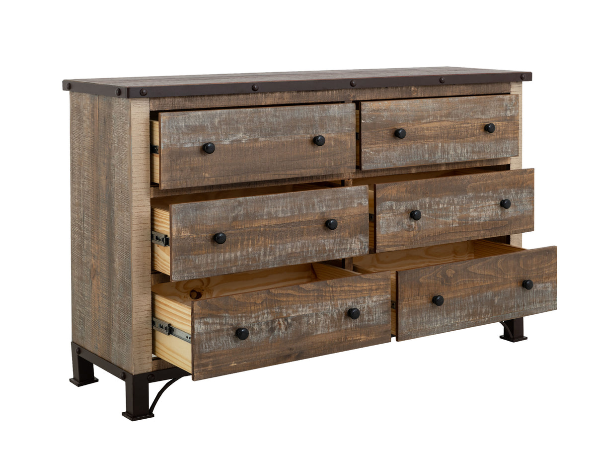 Antique Multicolor Dresser, Brown, 6 Drawer