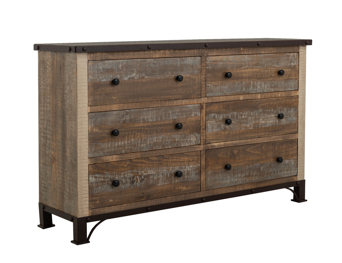 Antique Multicolor Dresser, Brown, 6 Drawer