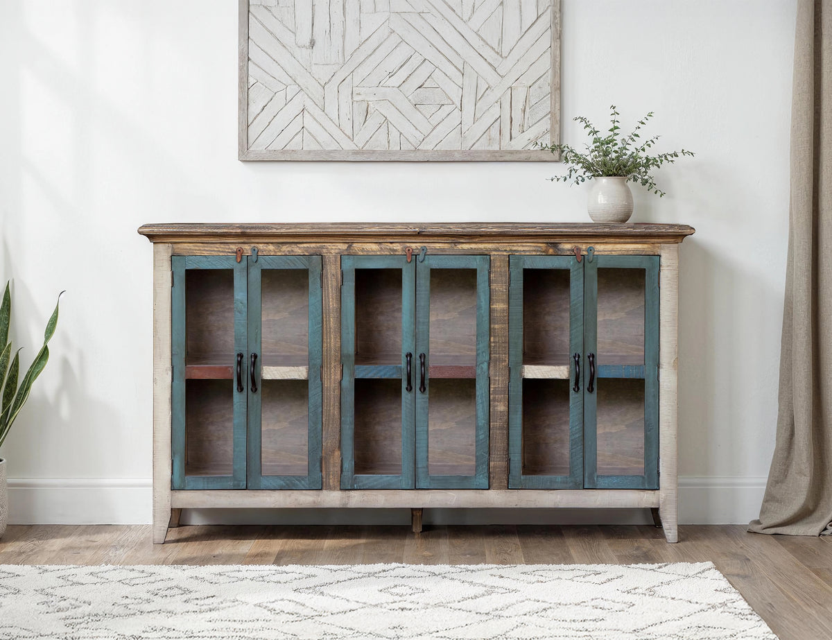 Antique Multicolor Console, Multicolor, 6 Glass Doors 73"