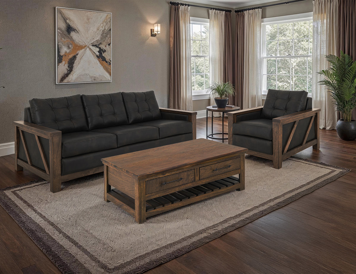 Walnut Loveseat, Brown/Black, Wooden Frame, Upholstered