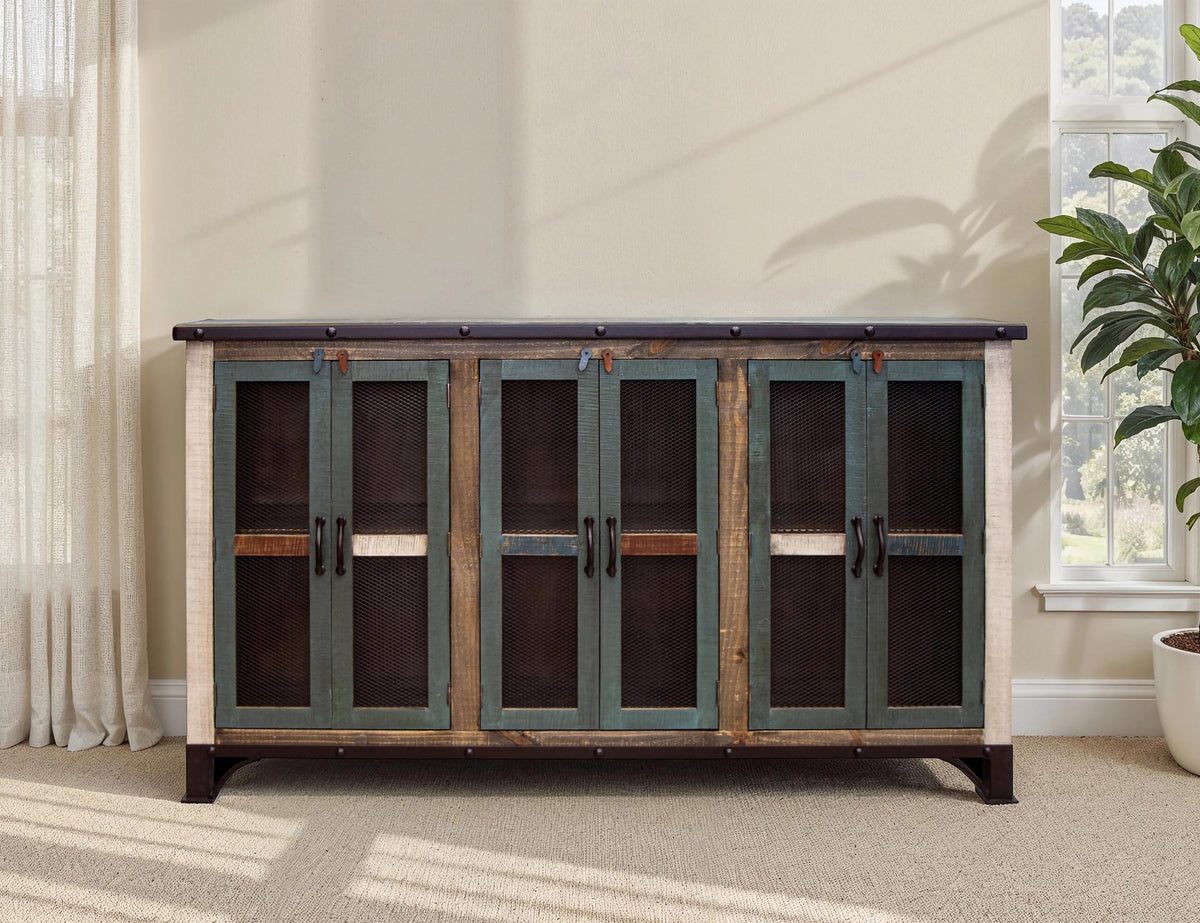 Antique Multicolor Console, Multicolor, 6 Iron Mesh Door 71"