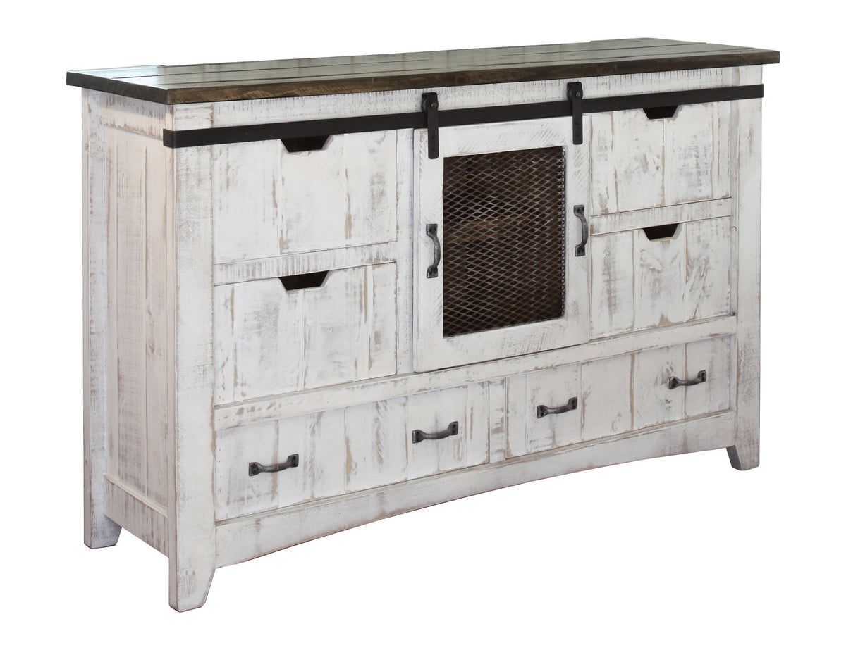 Pueblo White Dresser, White, 6 Drawer 1 Mesh Door