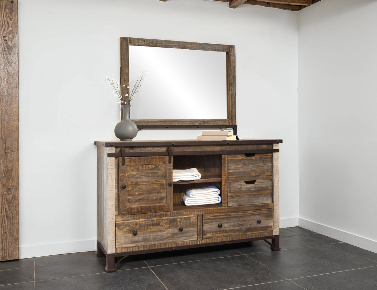 Antique Multicolor Dresser, Brown, 6 Drawer, 1 Sliding Door