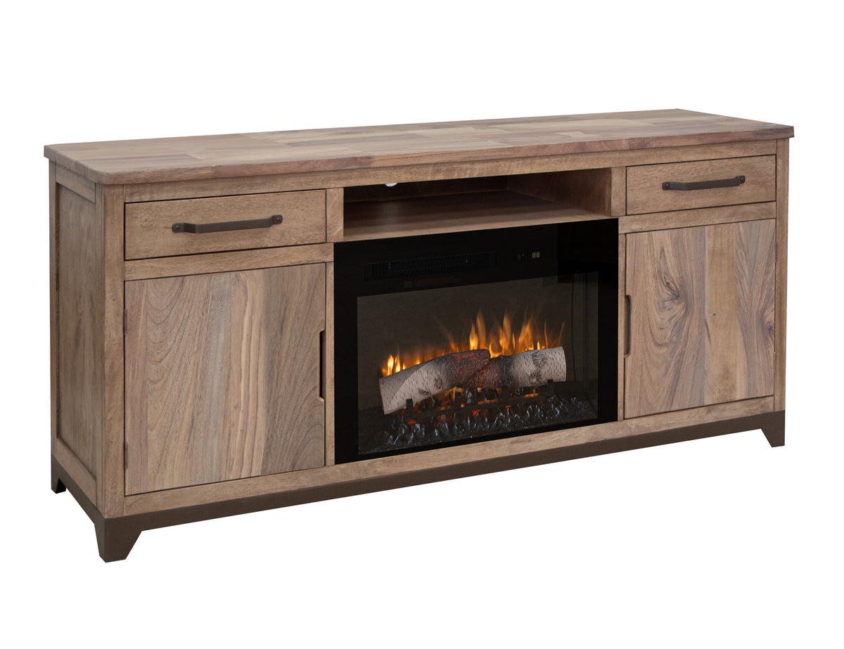 Natural Parota TV Stand, Brown, 2 Drawer 2 Door Fireplace