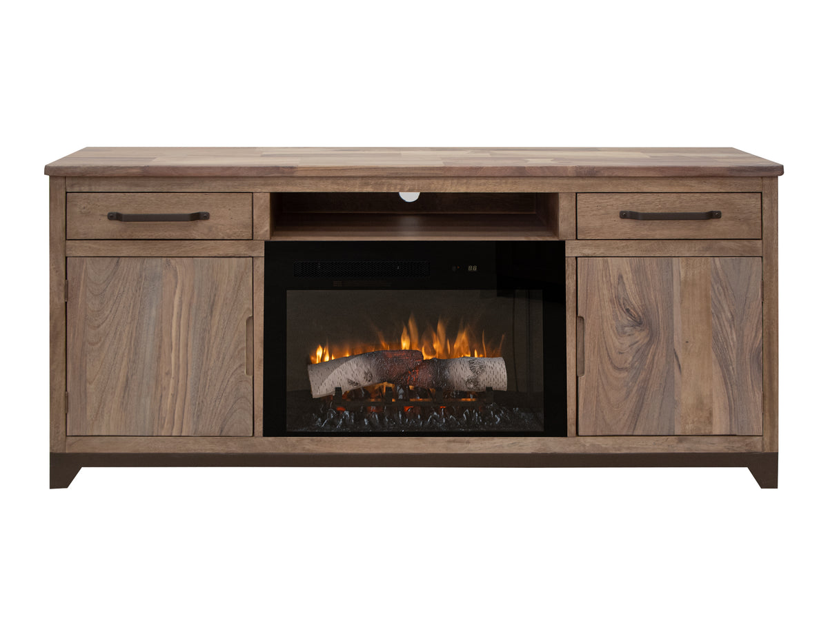 Natural Parota TV Stand, Brown, 2 Drawer 2 Door Fireplace
