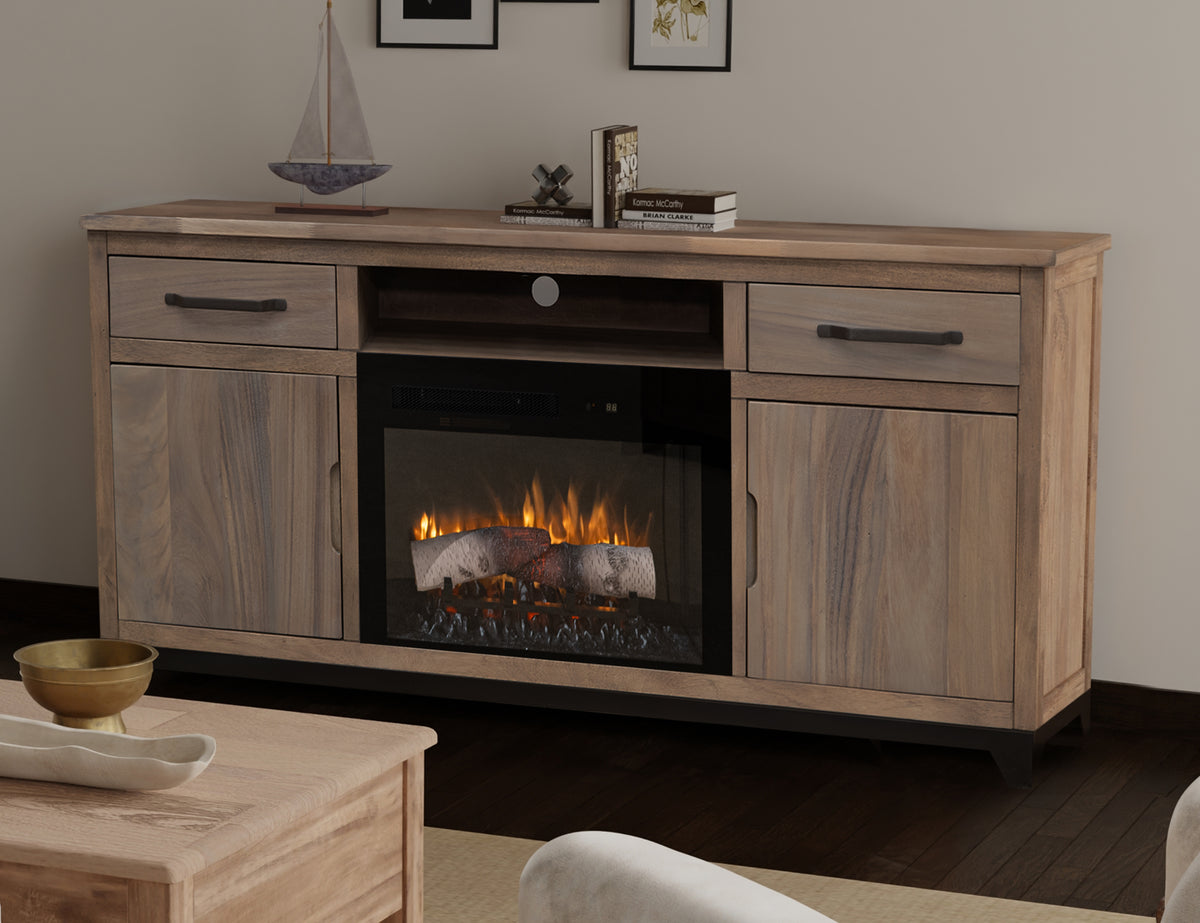 Natural Parota TV Stand, Brown, 2 Drawer 2 Door Fireplace