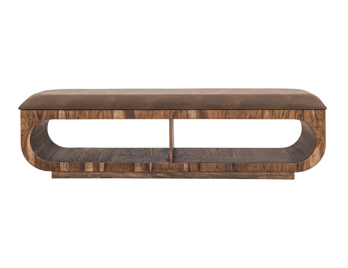 Balam Bench, Brown, Upholstered Seat Bench with Two Open Shelves