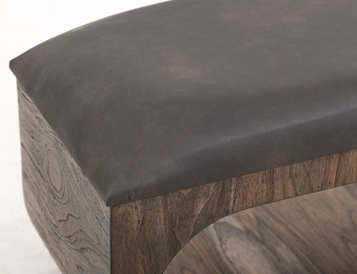 Black Balam Bench, Black, Upholstered Seat Bench with Two Open Shelves