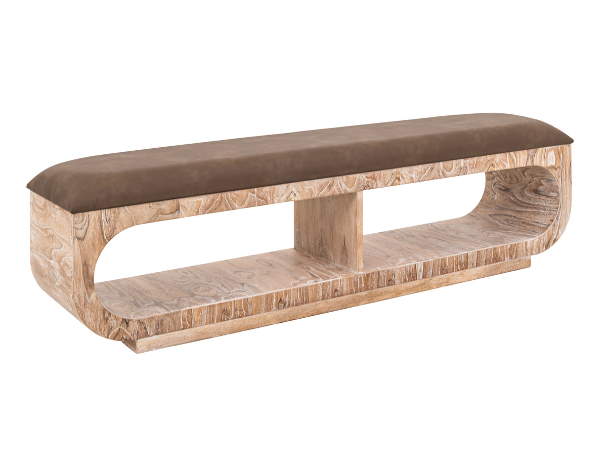 White Balam Bench, White, Upholstered Seat Bench with Two Open Shelves