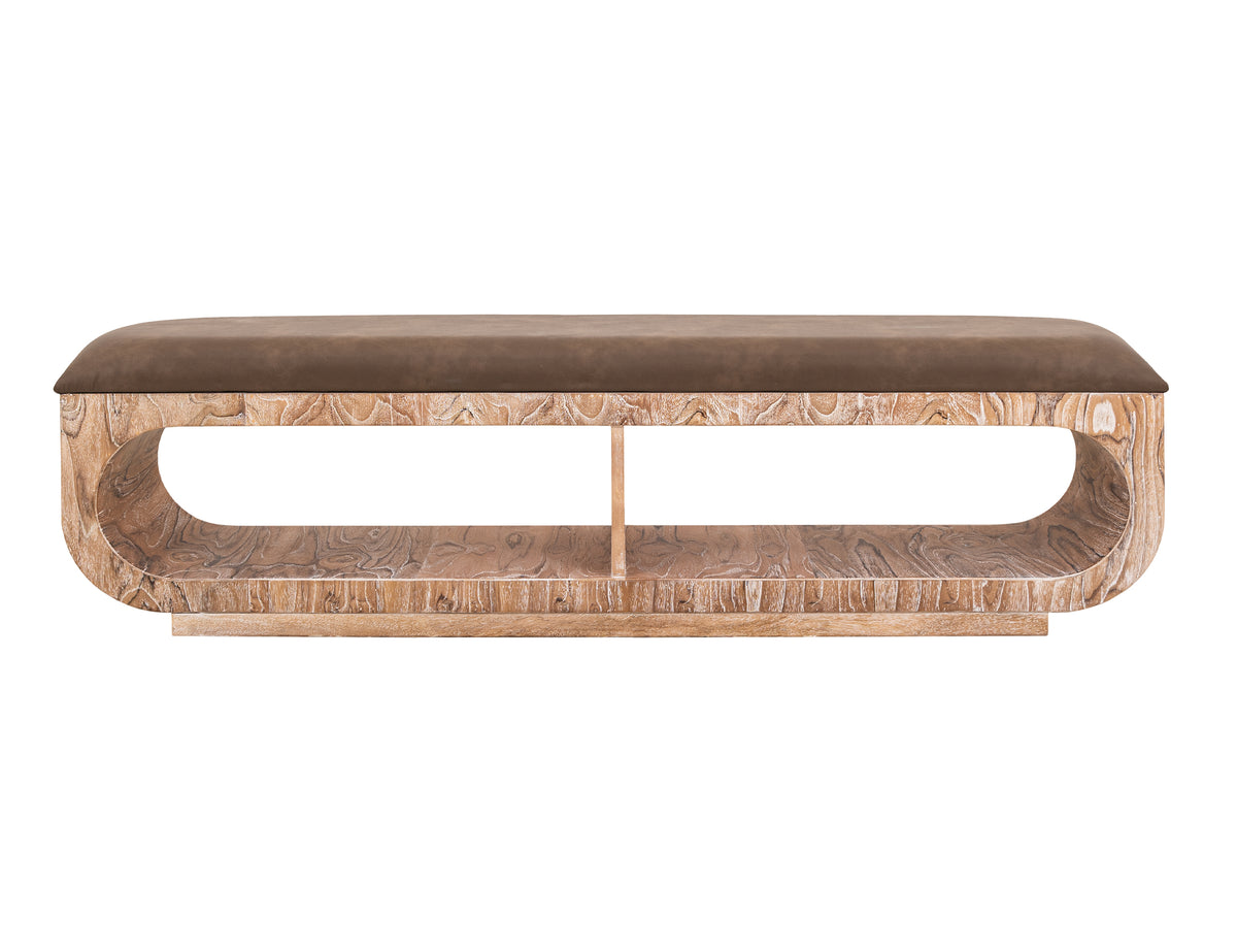 White Balam Bench, White, Upholstered Seat Bench with Two Open Shelves