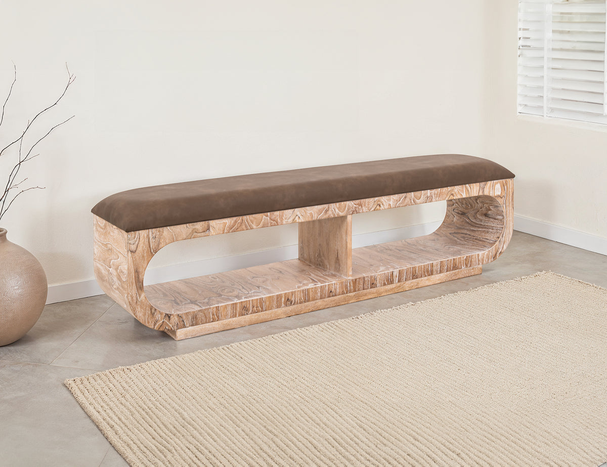 White Balam Bench, White, Upholstered Seat Bench with Two Open Shelves