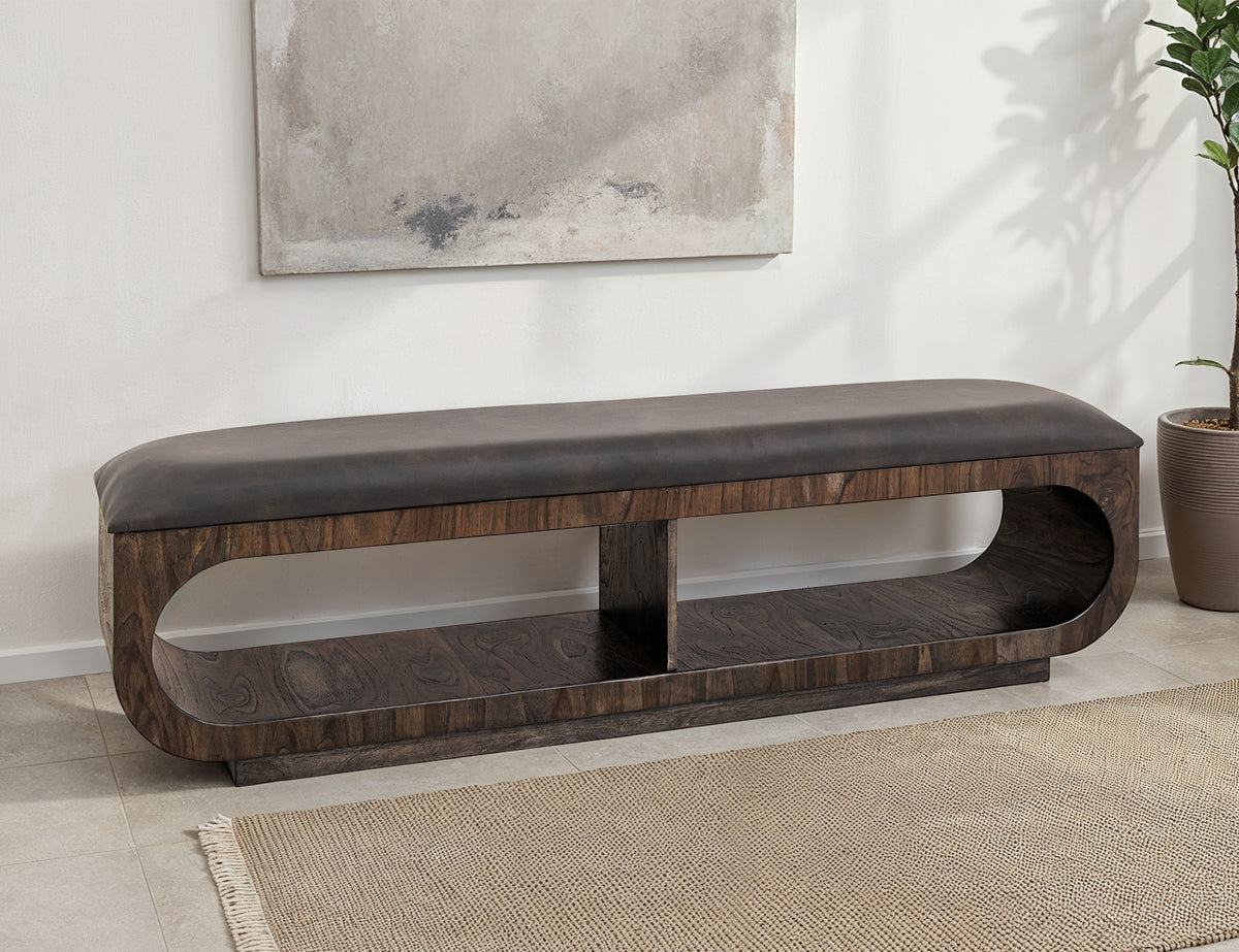 Black Balam Bench, Black, Upholstered Seat Bench with Two Open Shelves