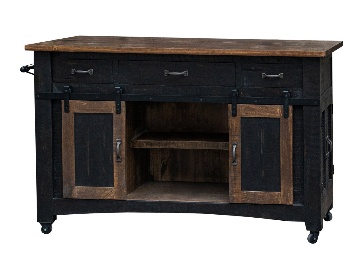 Pueblo Kitchen Island, Black, 3 Drawer, 2 Sliding Doors, 4 Mesh Doors Wood Island