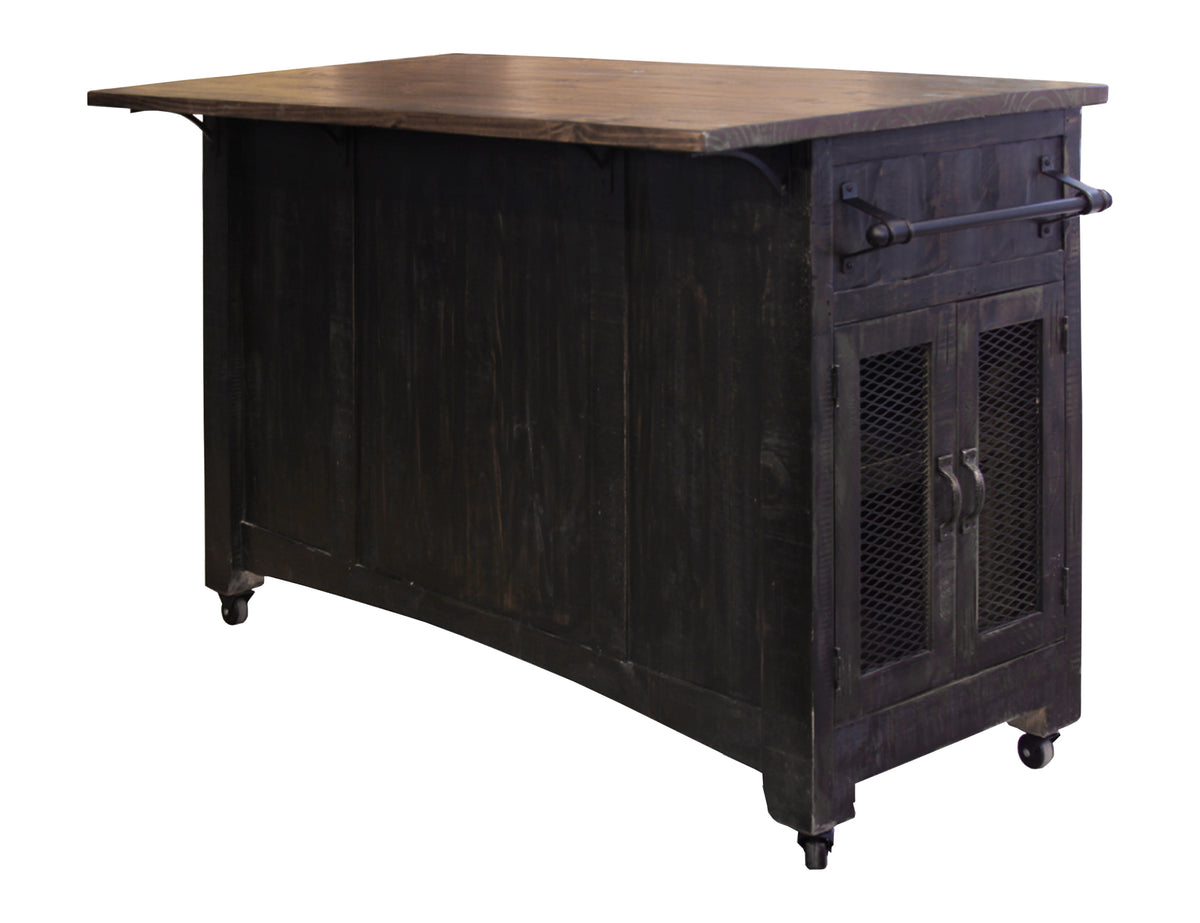 Pueblo Kitchen Island, Black, 3 Drawer, 2 Sliding Doors, 4 Mesh Doors Wood Island