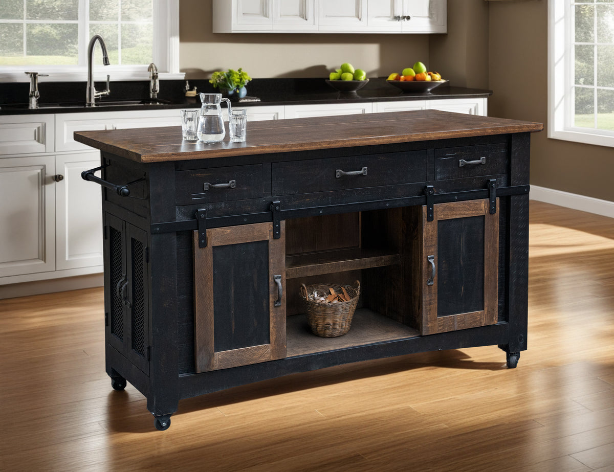 Pueblo Kitchen Island, Black, 3 Drawer, 2 Sliding Doors, 4 Mesh Doors Wood Island