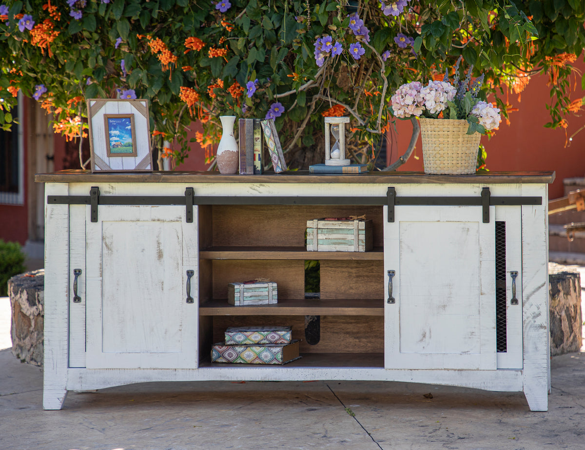 Pueblo White TV Stand, White, 4 Door 80"