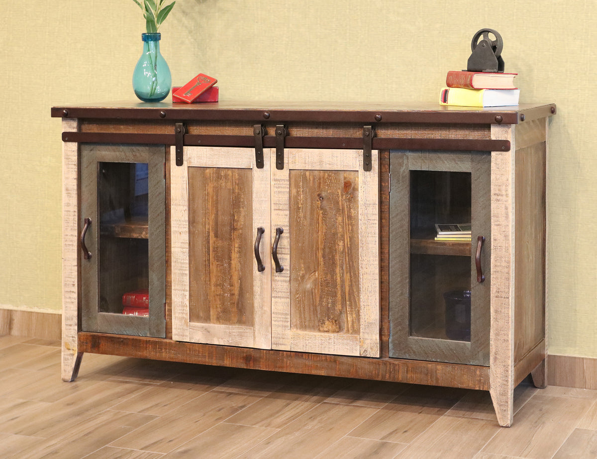 Antique Multicolor TV Stand, Multicolor, 2 Glass Doors 2 Sliding Doors 60"