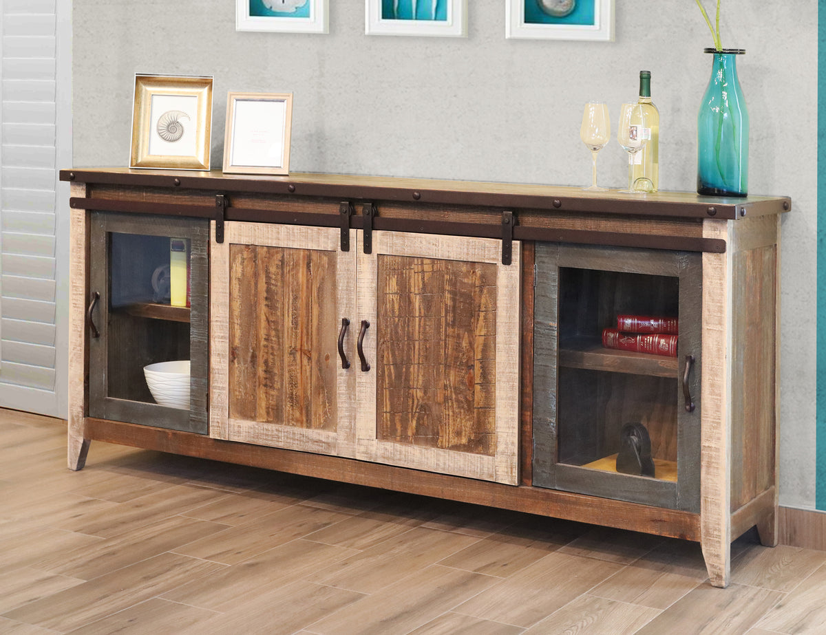 Antique Multicolor TV Stand, Multicolor, 2 Glass Doors 2 Sliding Doors 80"