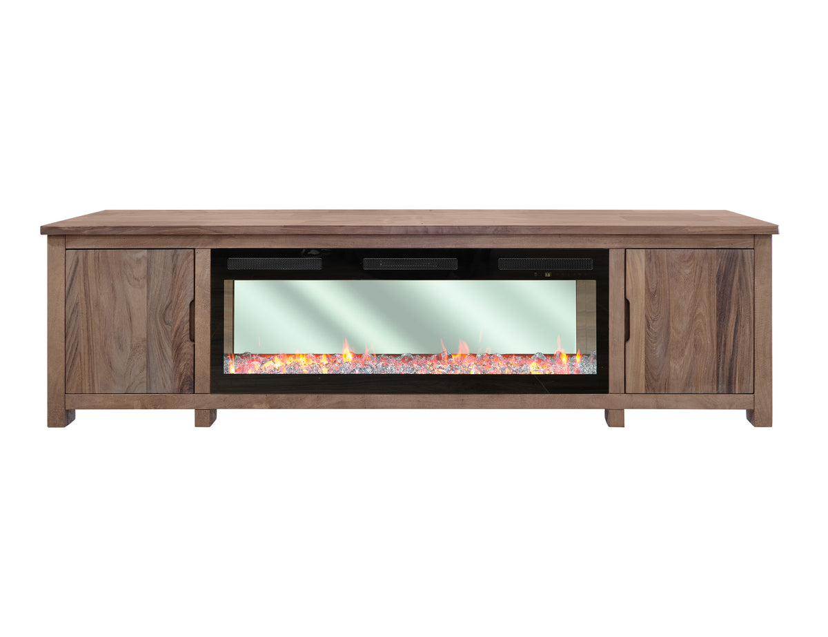 Natural Parota TV Stand, Brown, 2 Door Fireplace