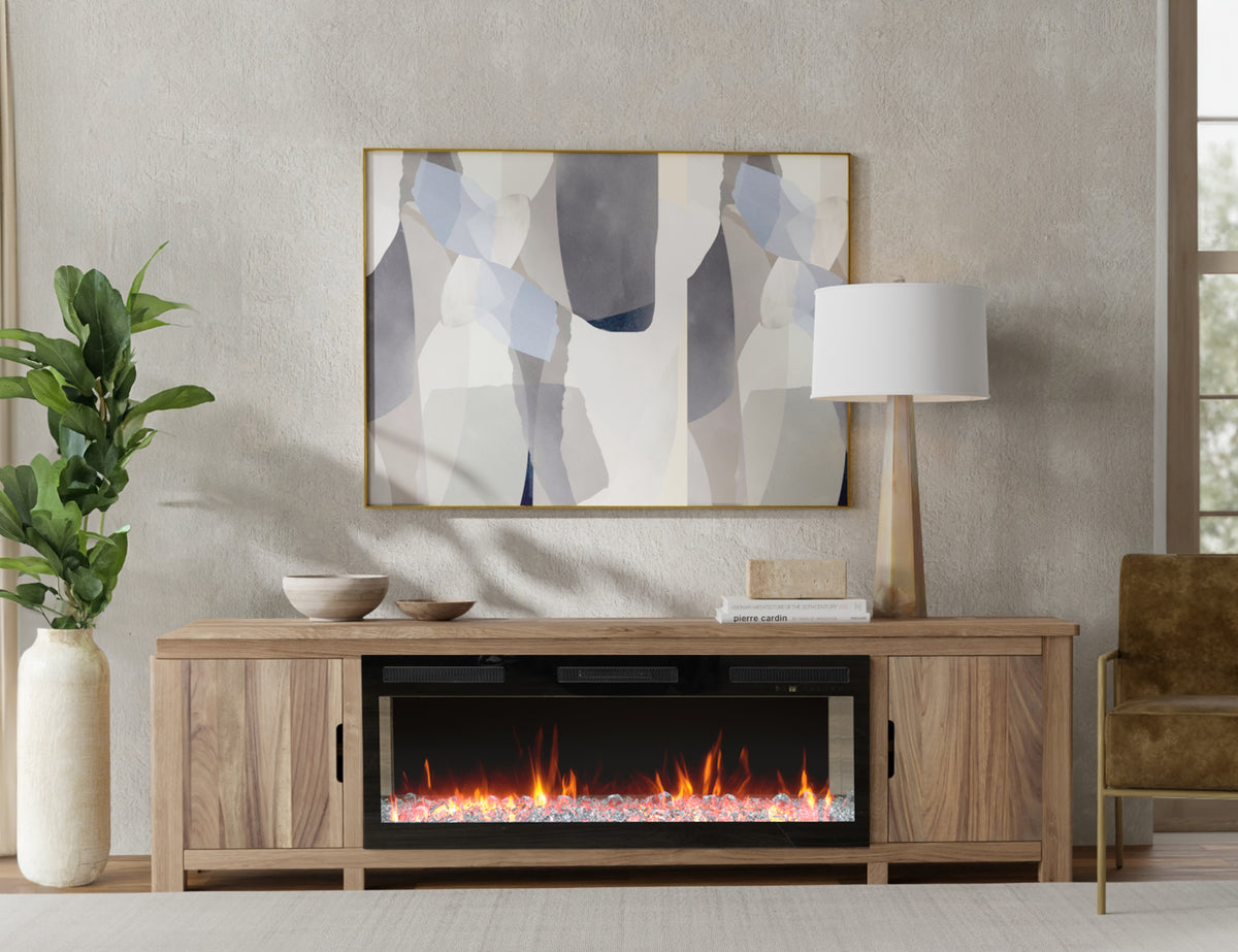 Natural Parota TV Stand, Brown, 2 Door Fireplace