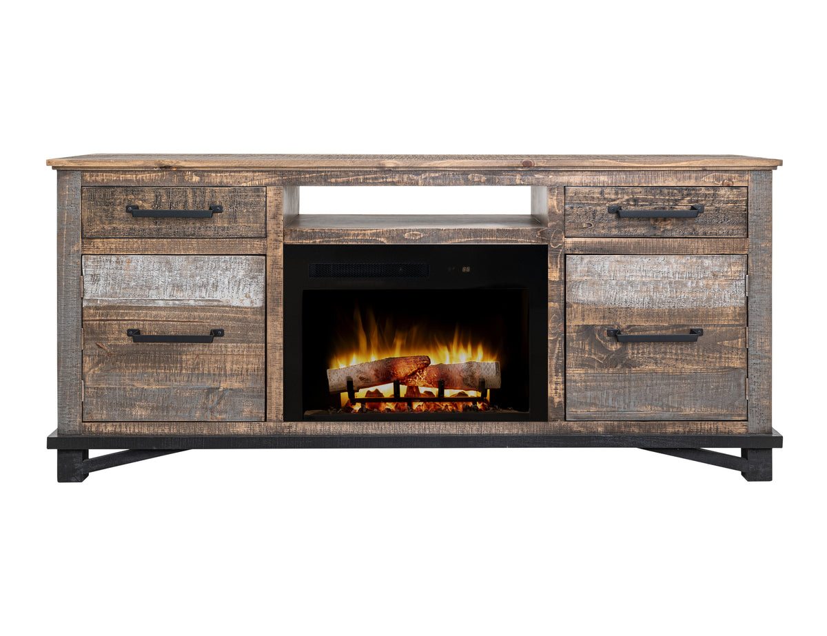 Loft Brown Console, Multicolor, 2 Drawer 2 Door Fireplace TV Stand 70"