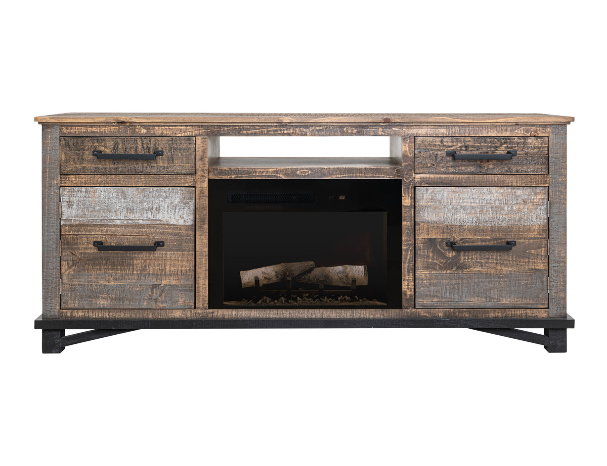 Loft Brown Console, Multicolor, 2 Drawer 2 Door Fireplace TV Stand 70"