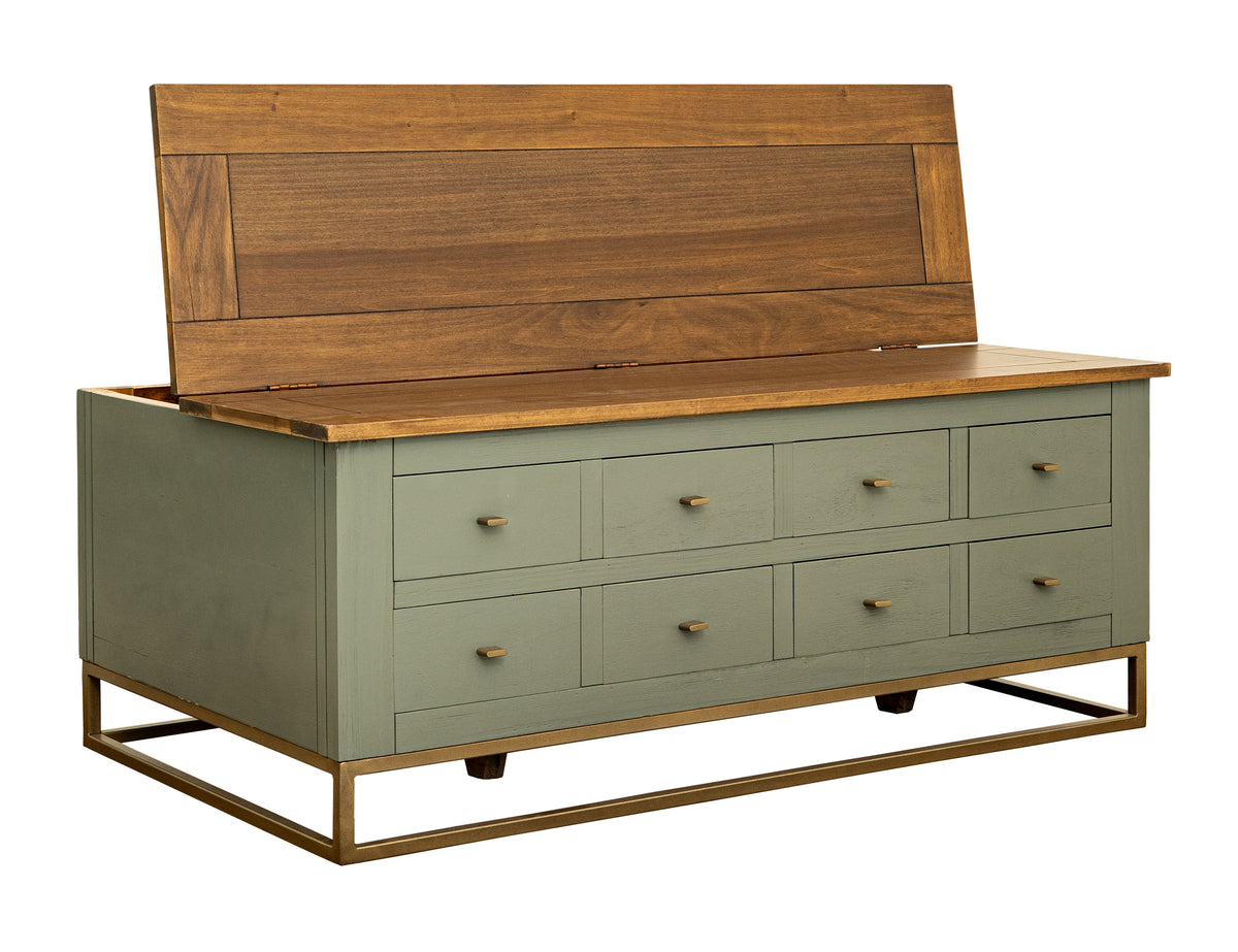 Timber Cocktail Table, 8 Drawers, Hinged Top