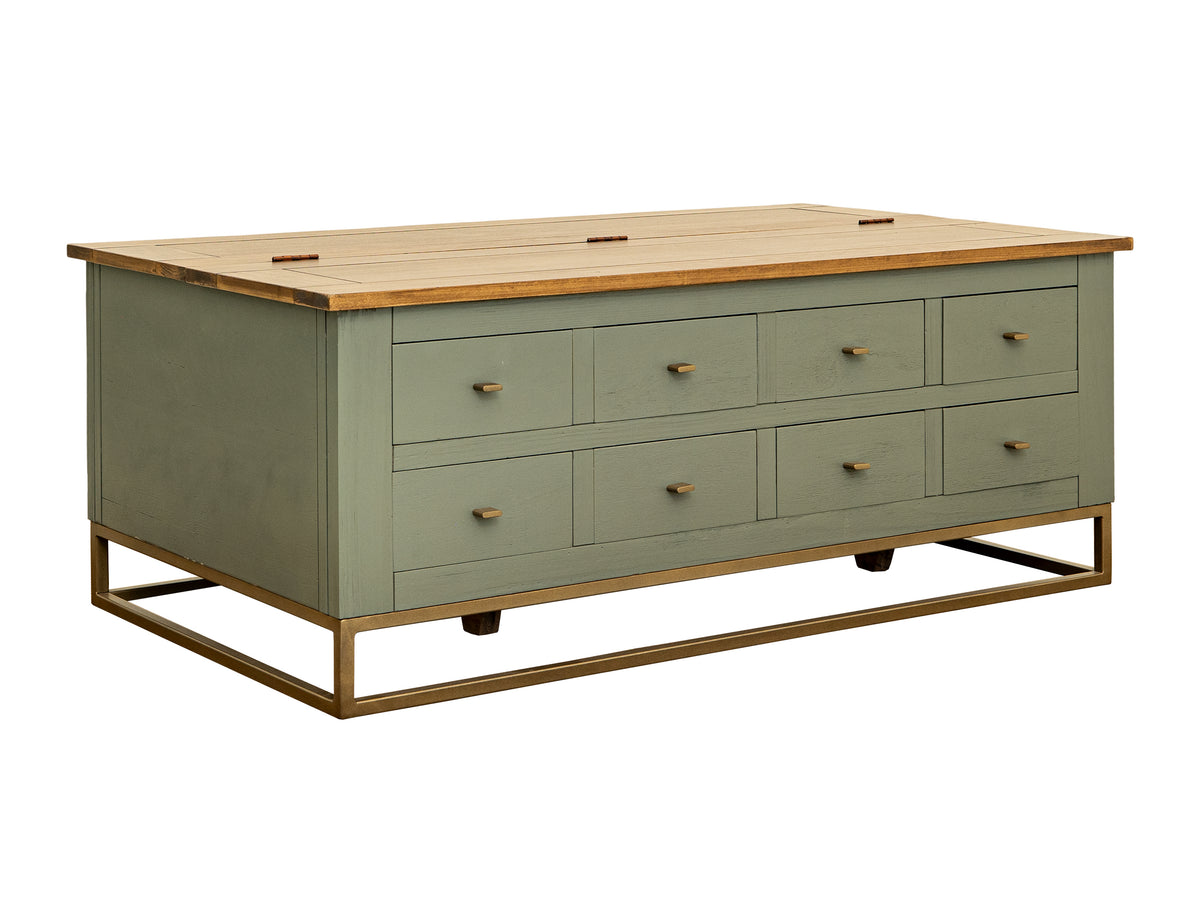 Timber Cocktail Table, 8 Drawers, Hinged Top