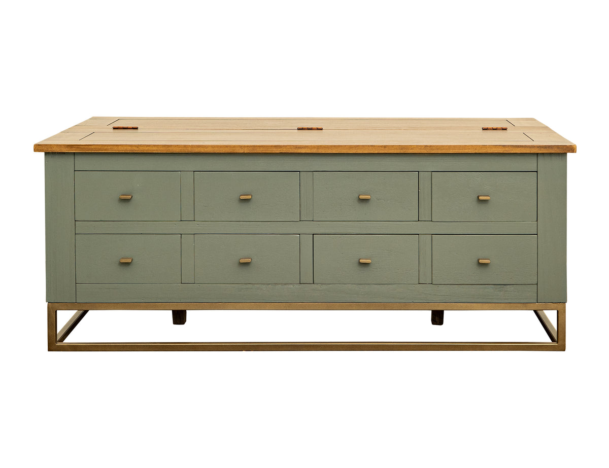 Timber Cocktail Table, 8 Drawers, Hinged Top