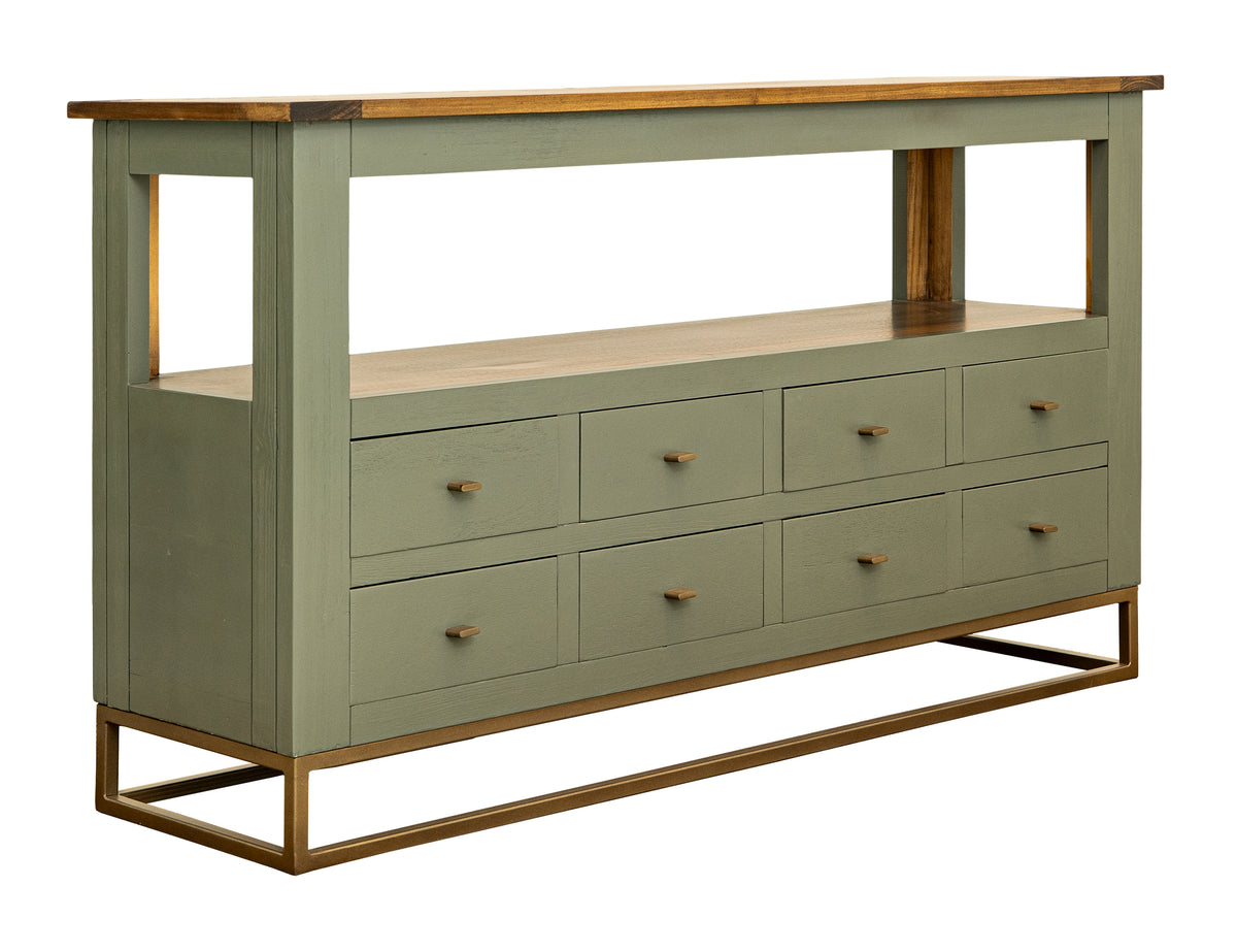 Timber Sofa Table, 8 Drawer, 1 Shelf