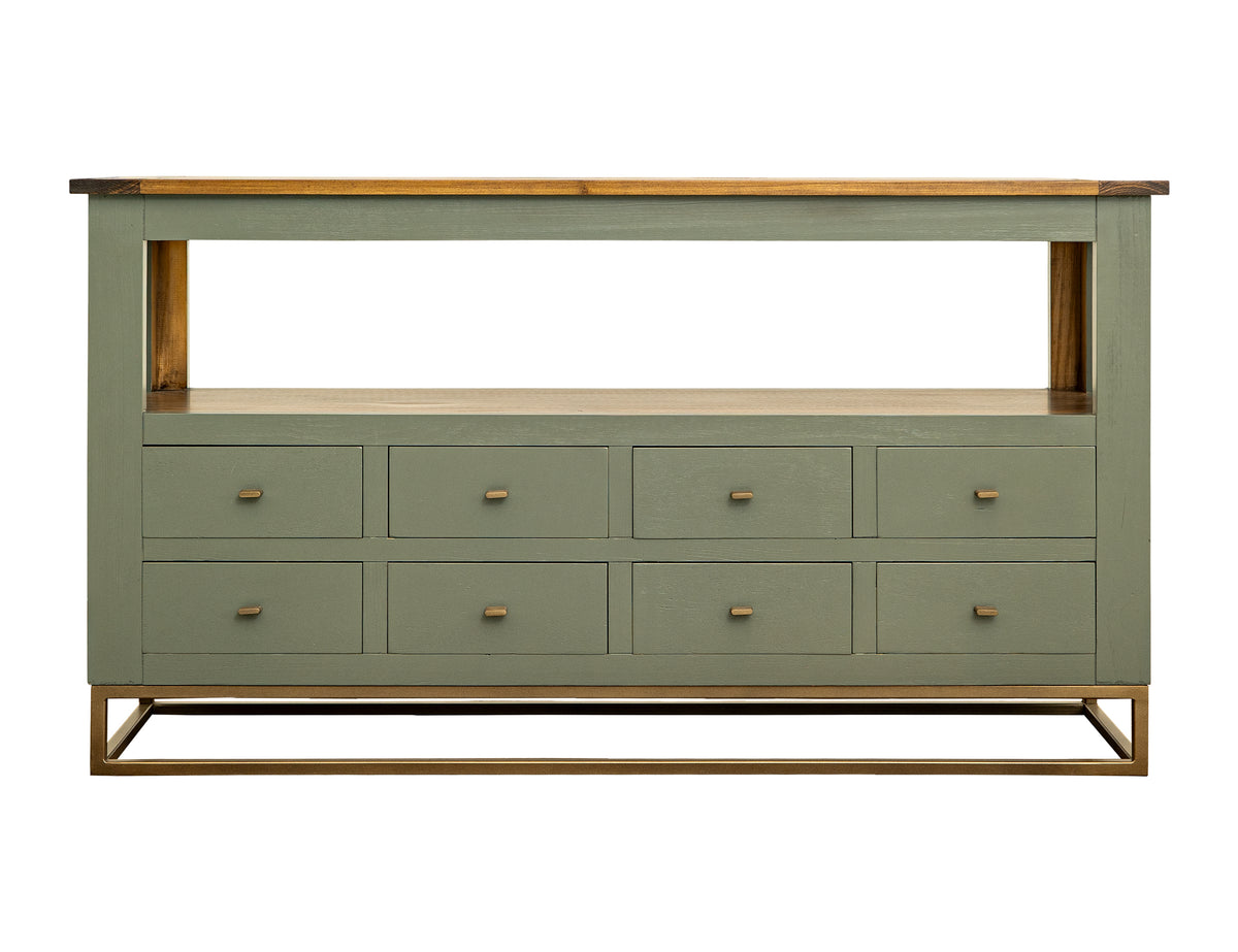 Timber Sofa Table, 8 Drawer, 1 Shelf