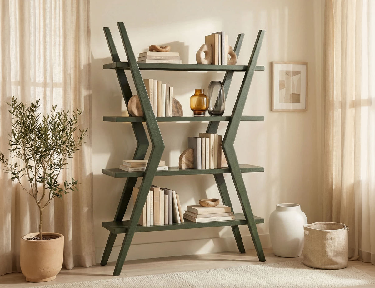 Moka Bookcase, Green, 4 Shelves, X-Shaped Étagère