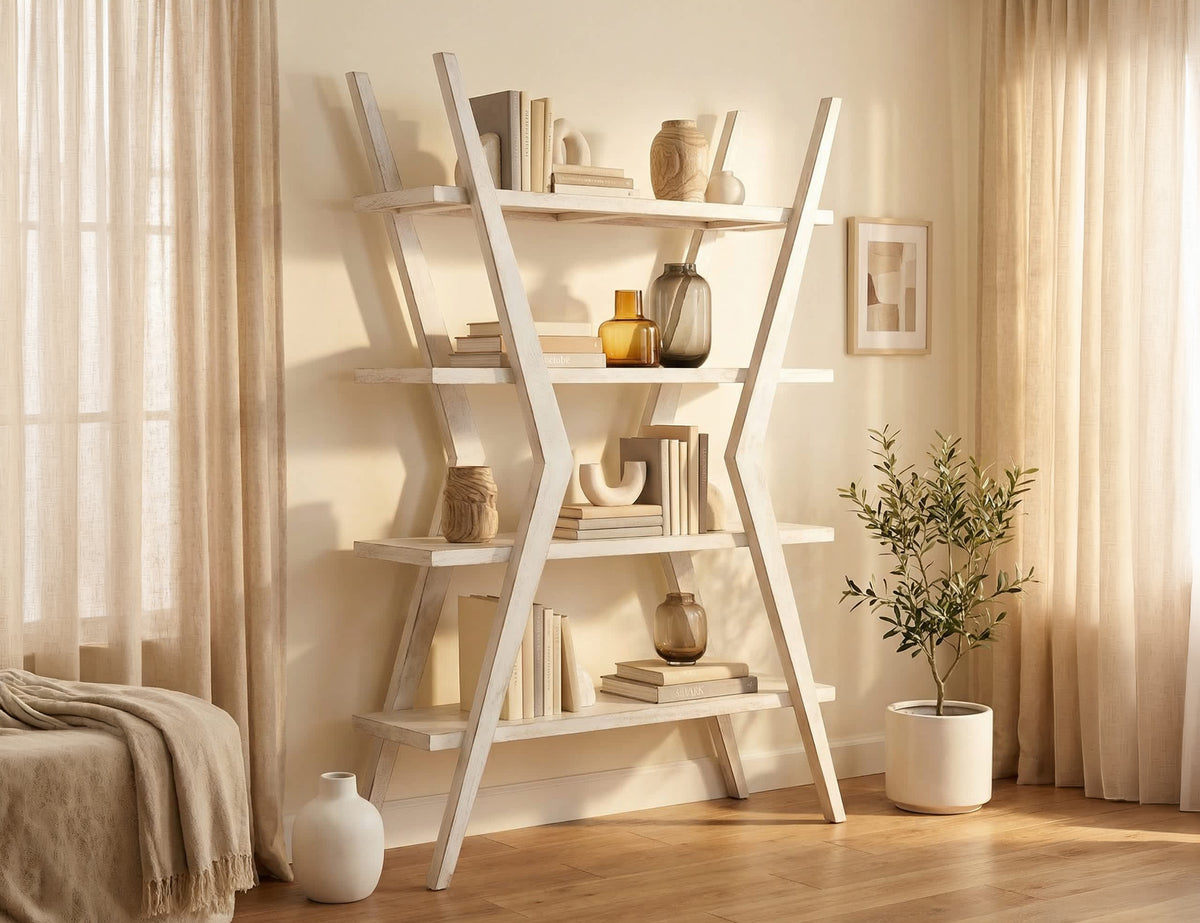 Moka White Bookcase, 4 Shelves, X-Shaped Étagère Bookcase Moka White