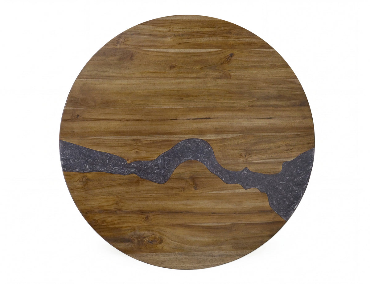 Silver Round Table, Brown, Top - Teak & Resin