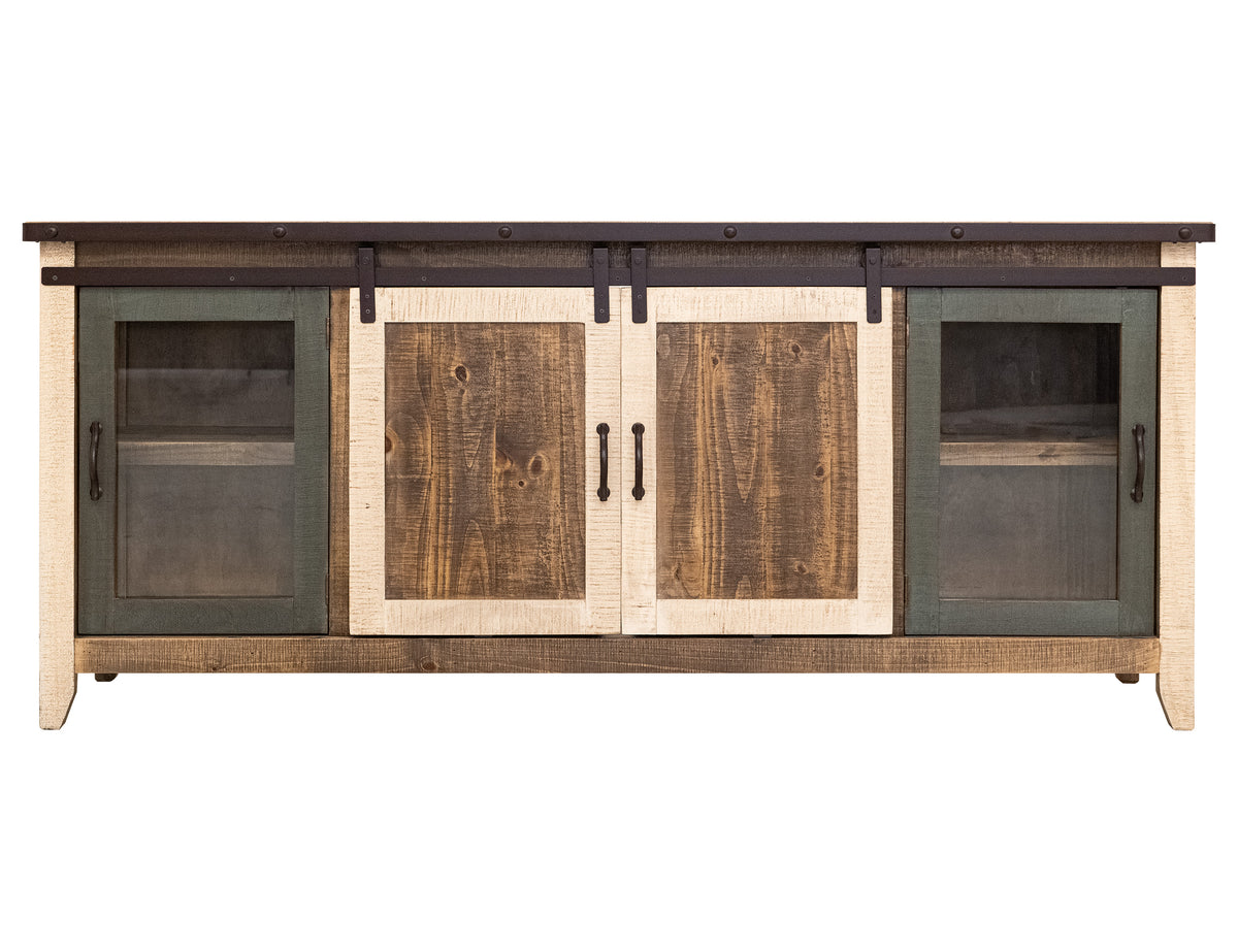 Antique Multicolor TV Stand, Multicolor, 2 Glass Doors 2 Sliding Doors 80"