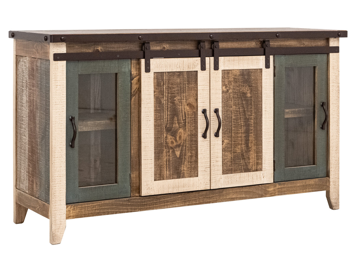 Antique Multicolor TV Stand, Multicolor, 2 Glass Doors 2 Sliding Doors 60"