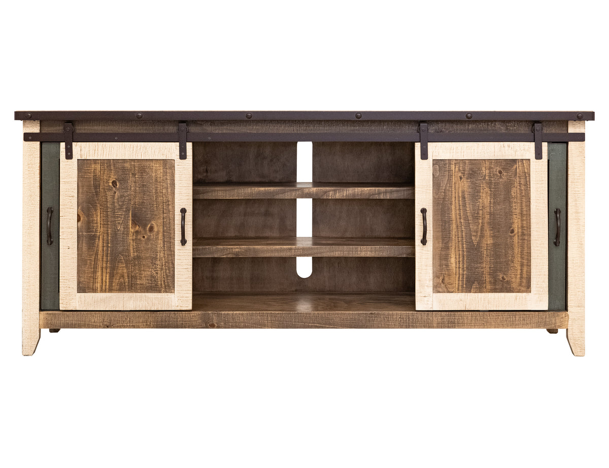 Antique Multicolor TV Stand, Multicolor, 2 Glass Doors 2 Sliding Doors 80"