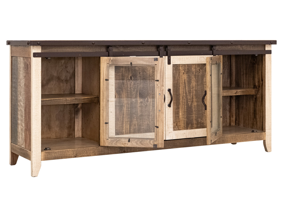 Antique Multicolor TV Stand, Multicolor, 2 Glass Doors 2 Sliding Doors 80"