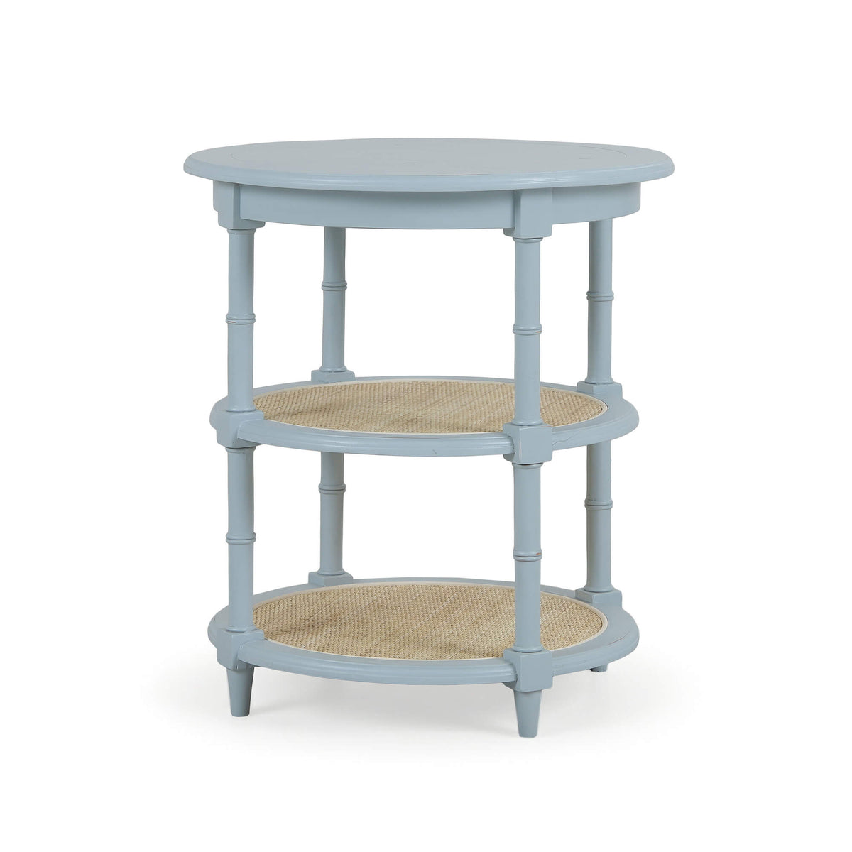 Martinique Round Side Table in Ocean Blue w/ Rattan Natural on Shelves