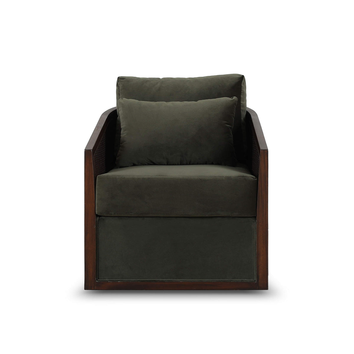 Willis Swivel Chair w/ Mahogany Frame in Matt Teak Brown & Rattan w/ Forest Moss Velvet Fabric