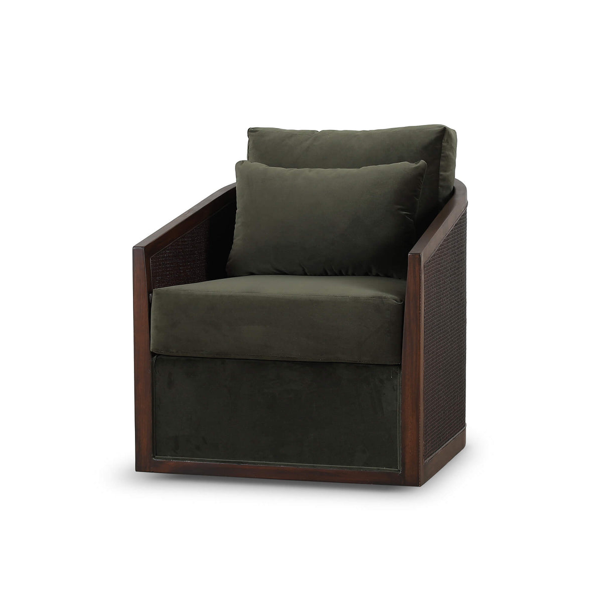 Willis Swivel Chair w/ Mahogany Frame in Matt Teak Brown & Rattan w/ Forest Moss Velvet Fabric
