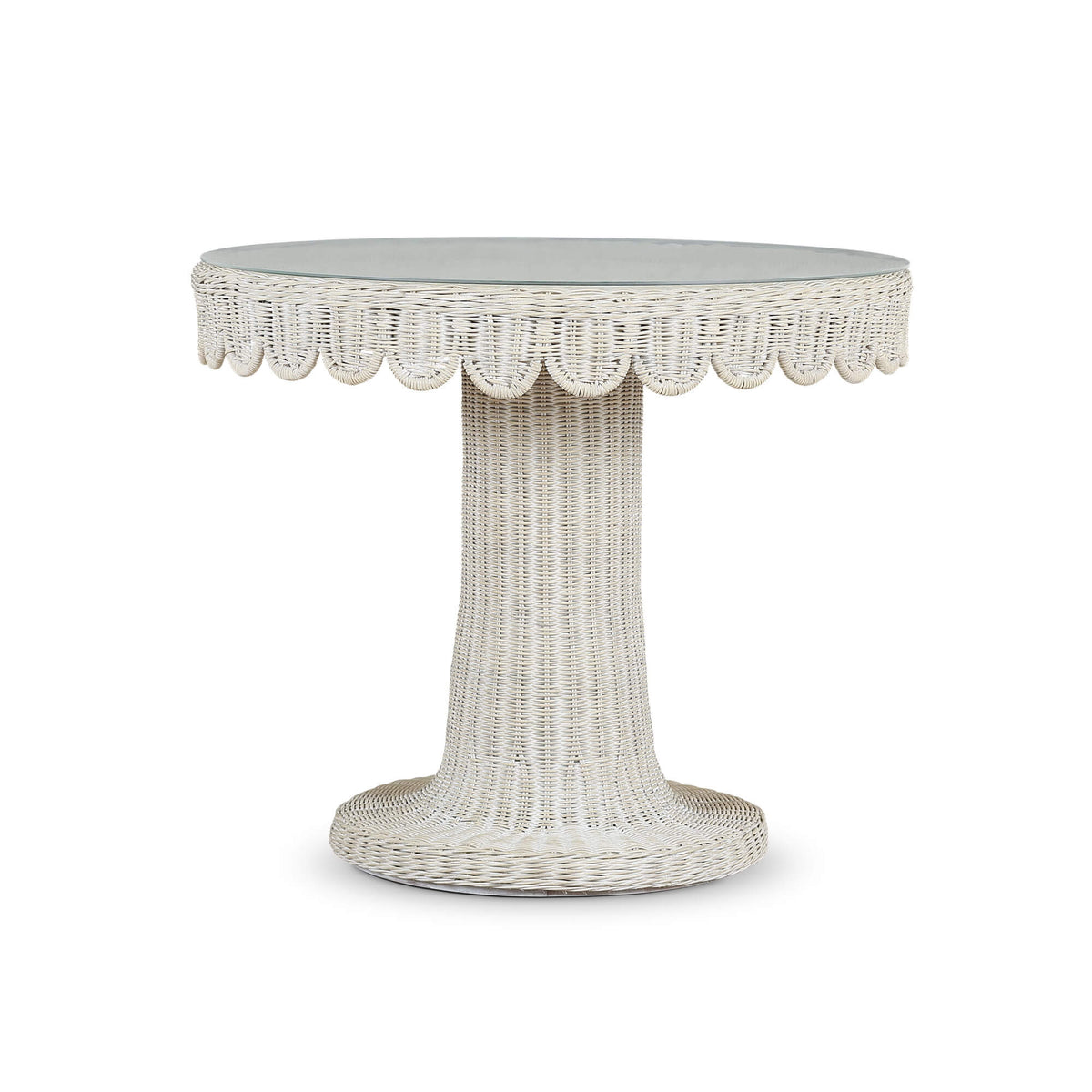Scalloped Round Bistro Table w/ Tempered Glass in Rattan White Wash
