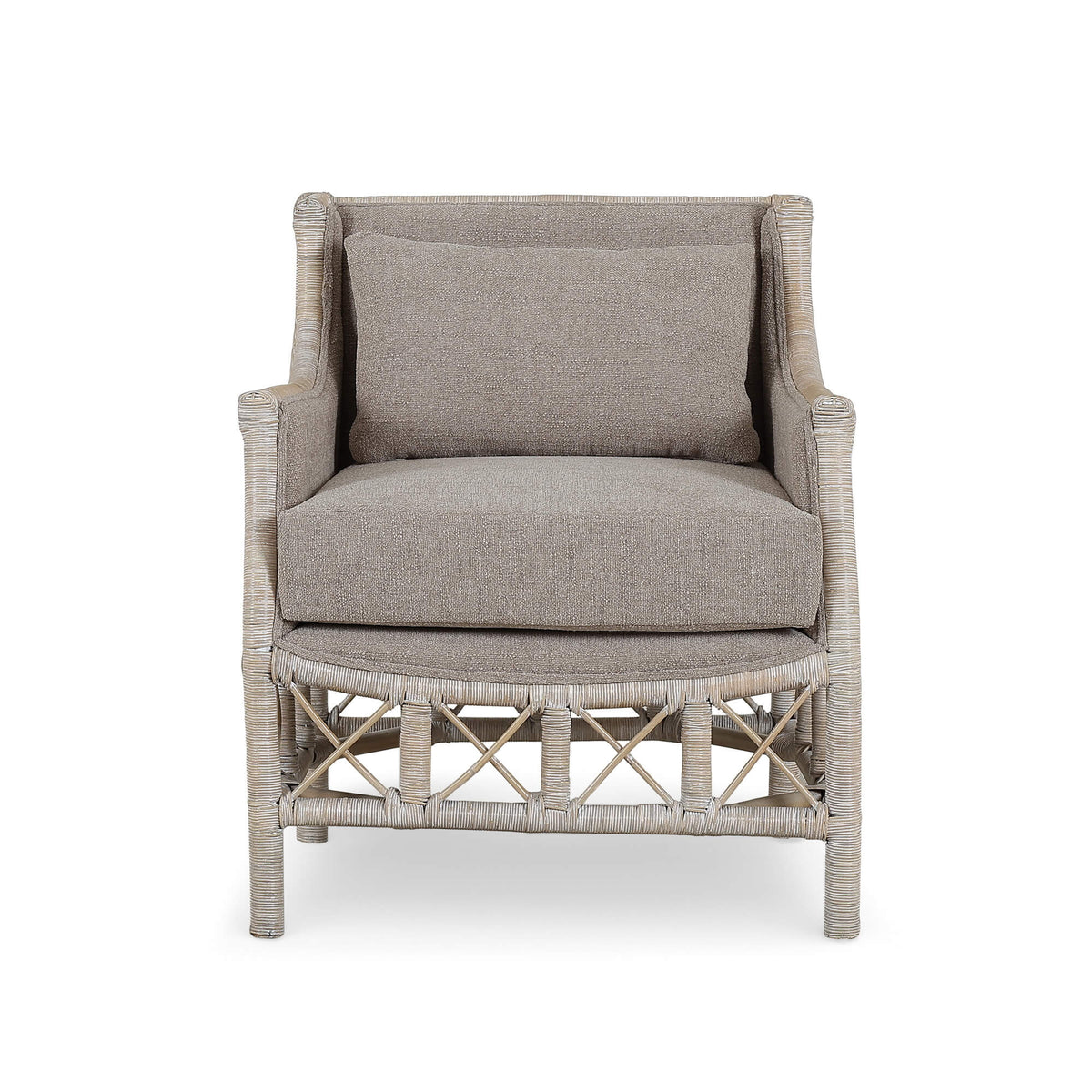 Rabana Rattan Chair in White Wash Rattan w/ Oatmeal Boucle Chenille Performance Fabric Cushion