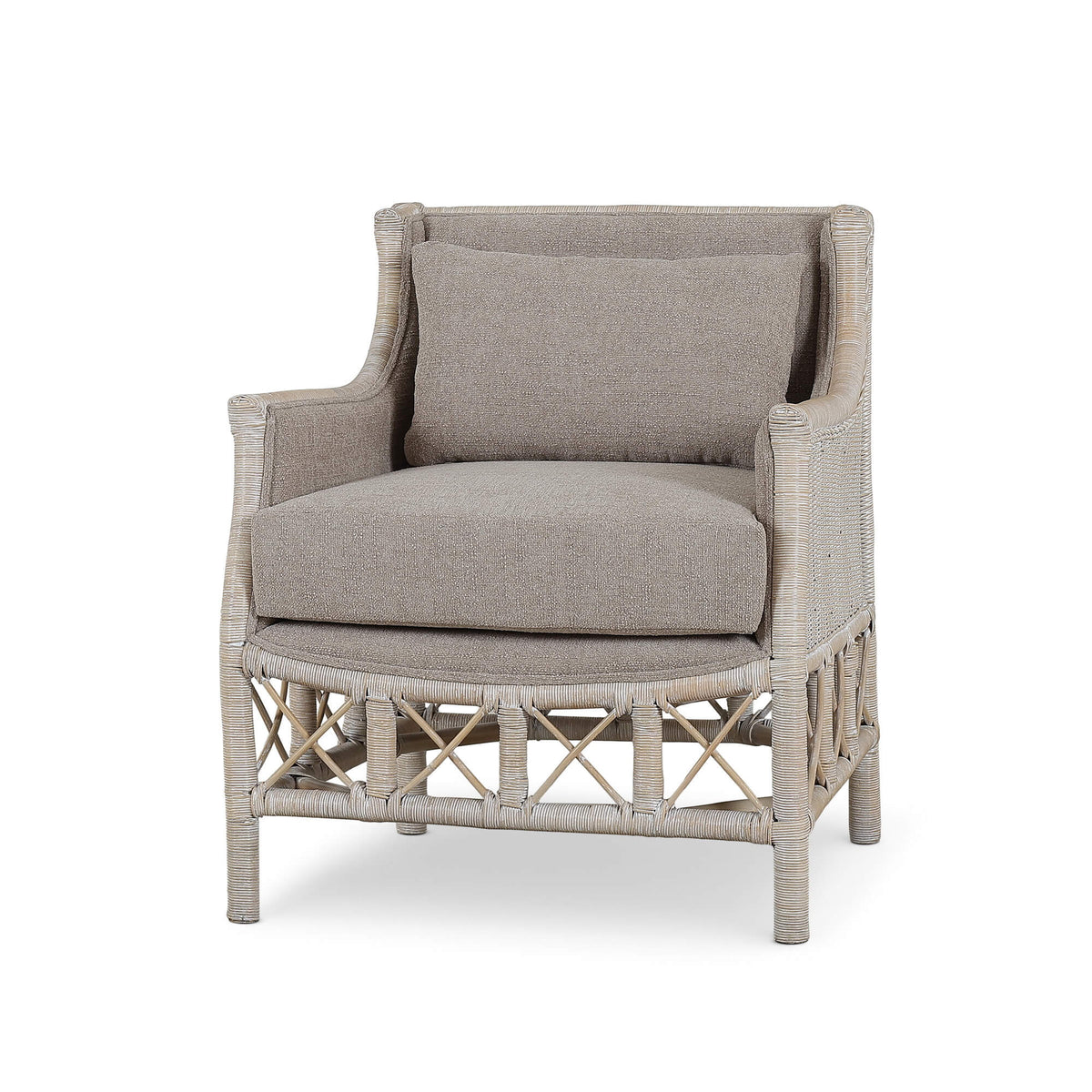 Rabana Rattan Chair in White Wash Rattan w/ Oatmeal Boucle Chenille Performance Fabric Cushion
