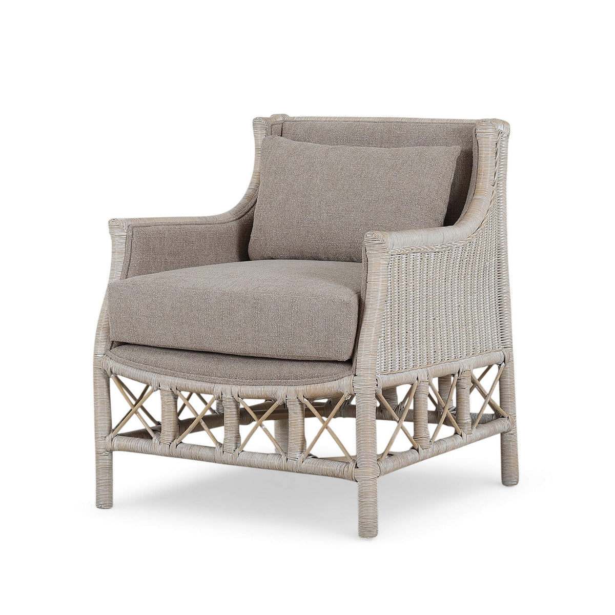 Rabana Rattan Chair in White Wash Rattan w/ Oatmeal Boucle Chenille Performance Fabric Cushion